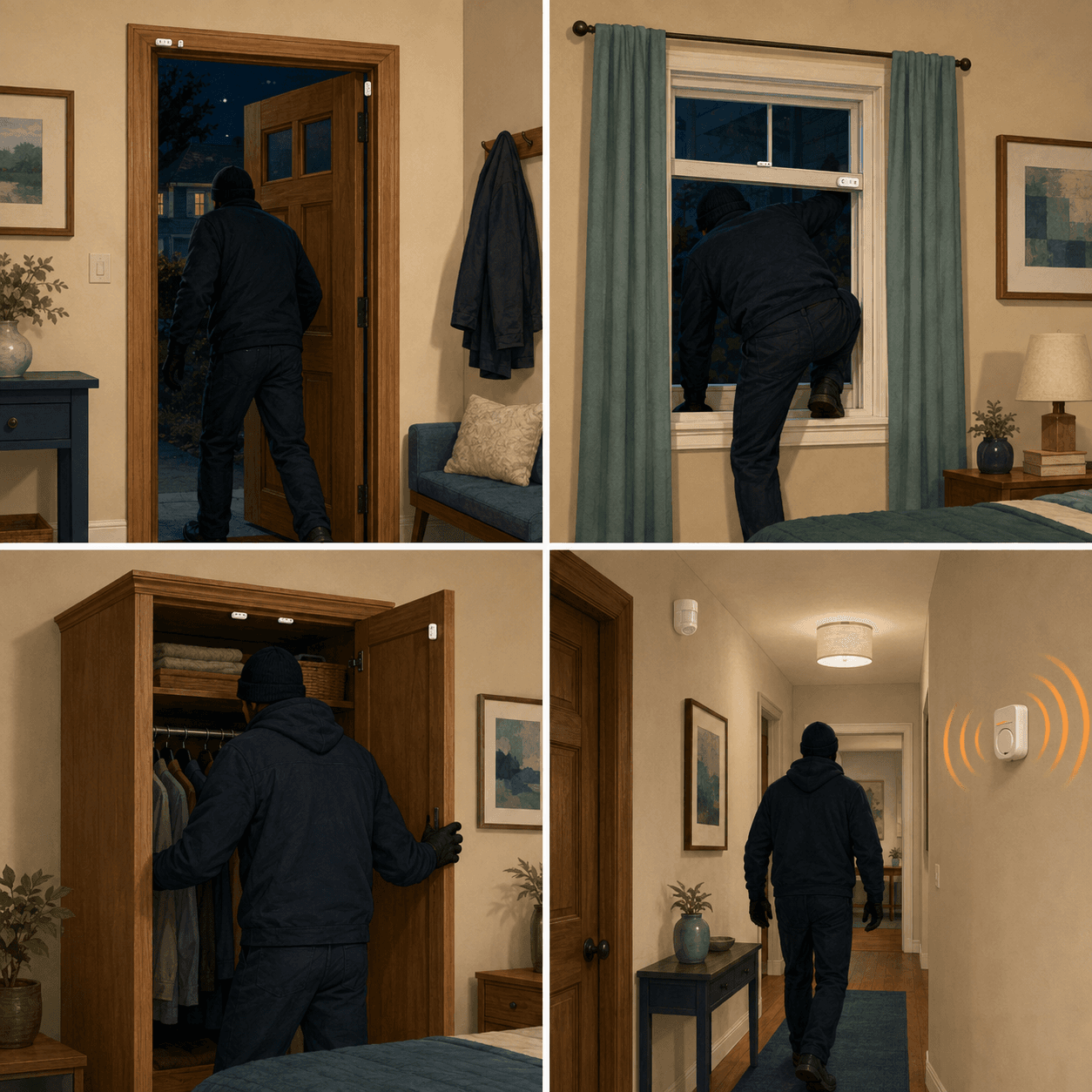Four illustrated examples: an intruder at a door, entering through a window, opening a wardrobe, and moving past a sensor while a separate alarm sounds.